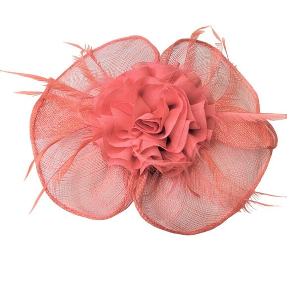 Coral Pink Fascinator Floral Rosette and Coral Feathers - Picture 2 of 10